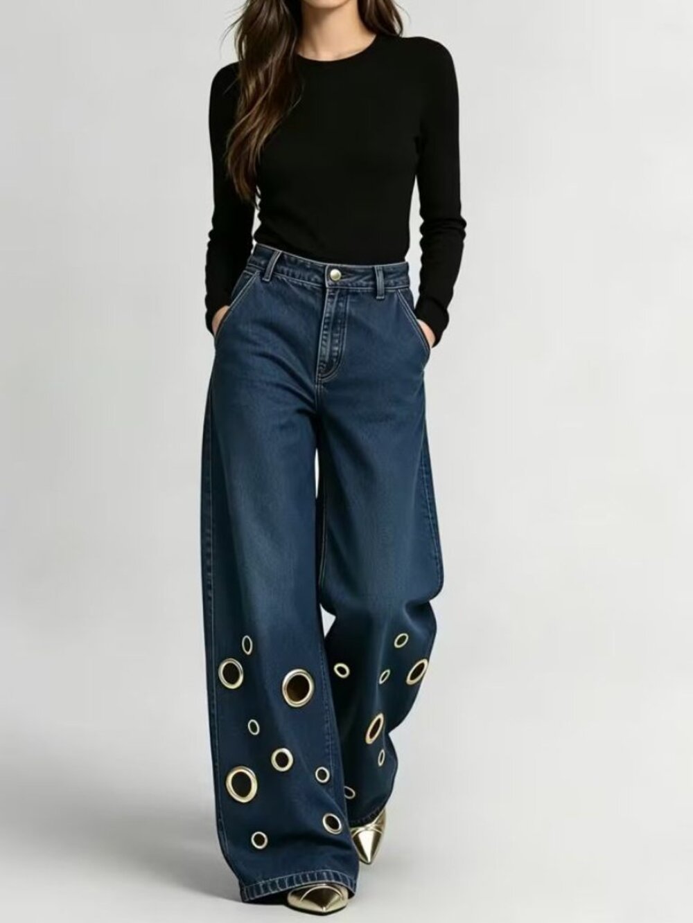 Large Grommets Dark Blue Stretchy Denim Jeans - Picture 4 of 5